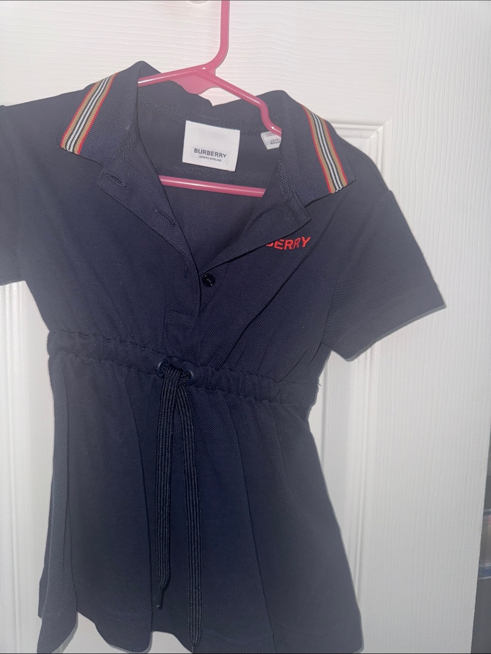 Burberry Navy Polo Dress with Multicolor Striped Collar